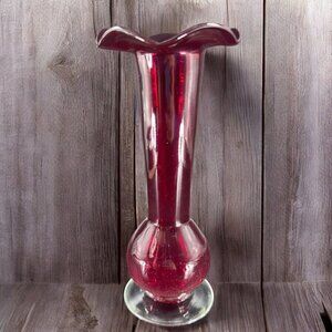 Vintage Ruby Red Crackle Art Glass Vase Ruffled Top Edge Vase Vessel Glassware
